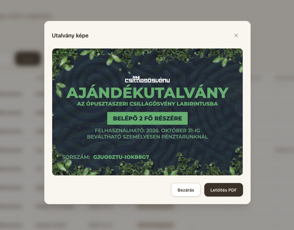 Utalvány előnézet és PDF letöltés